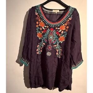 All About Her Medium womens top blouse black embroidered hippie boho peasant